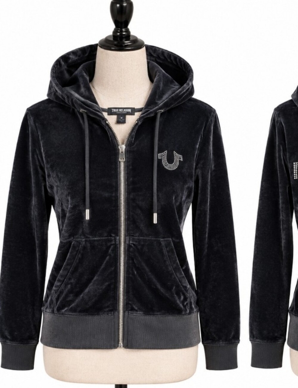 True Religion Black Velvet Zip Hoodie with Crystal Logo
